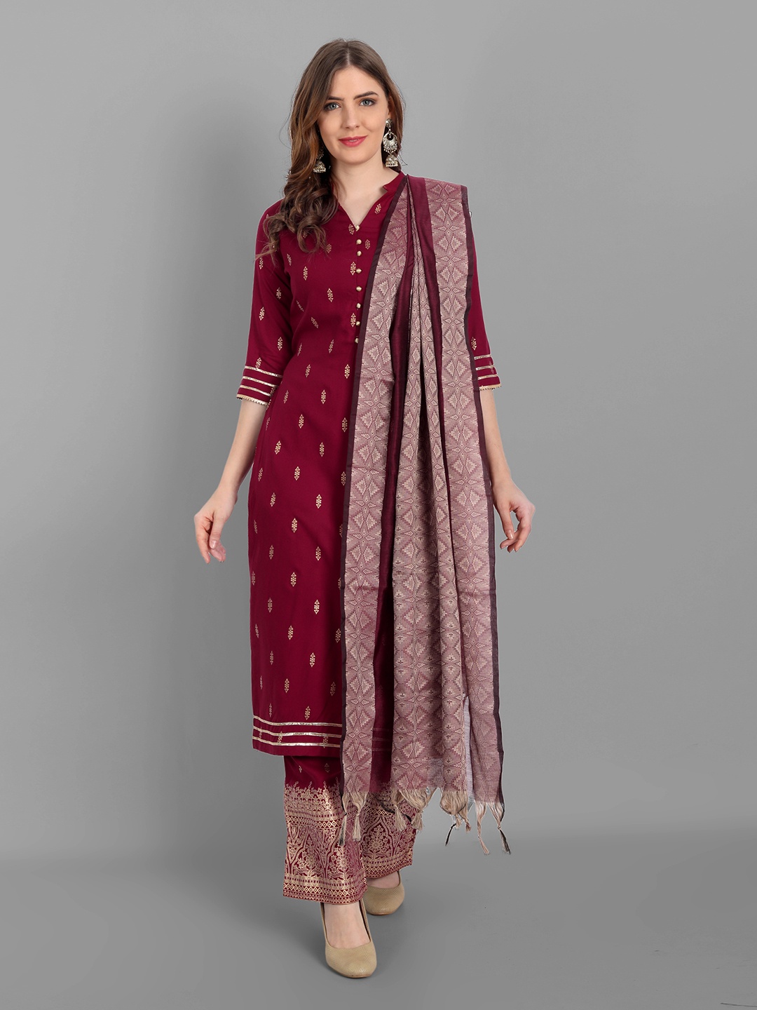 

V TRADITION Women Red Panelled Gotta Patti Kurta with Trousers & With Dupatta