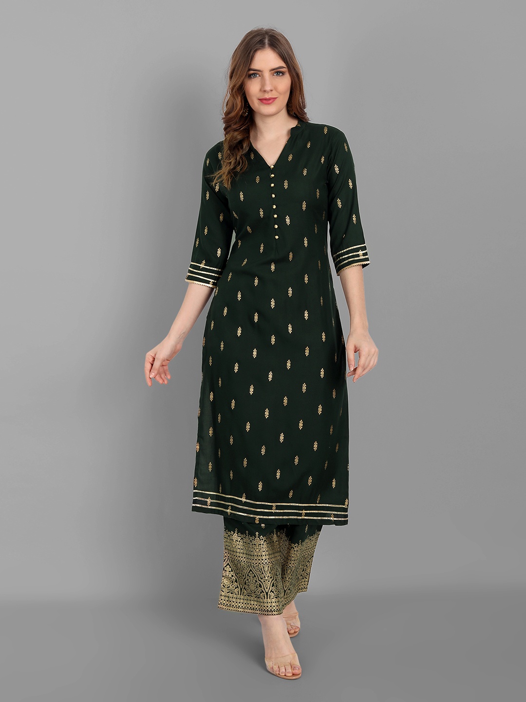 

V TRADITION Women Green Ethnic Motifs Regular Gotta Patti Kurta with Palazzos