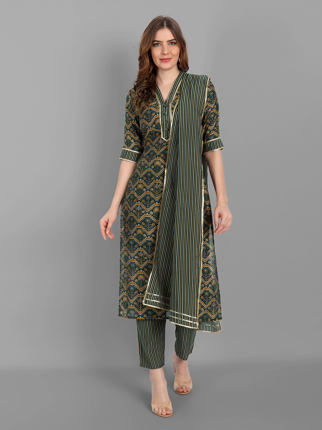 

V TRADITION Women Olive Green Ethnic Motifs Printed Gotta Patti Kurta with Trousers & Dupatta