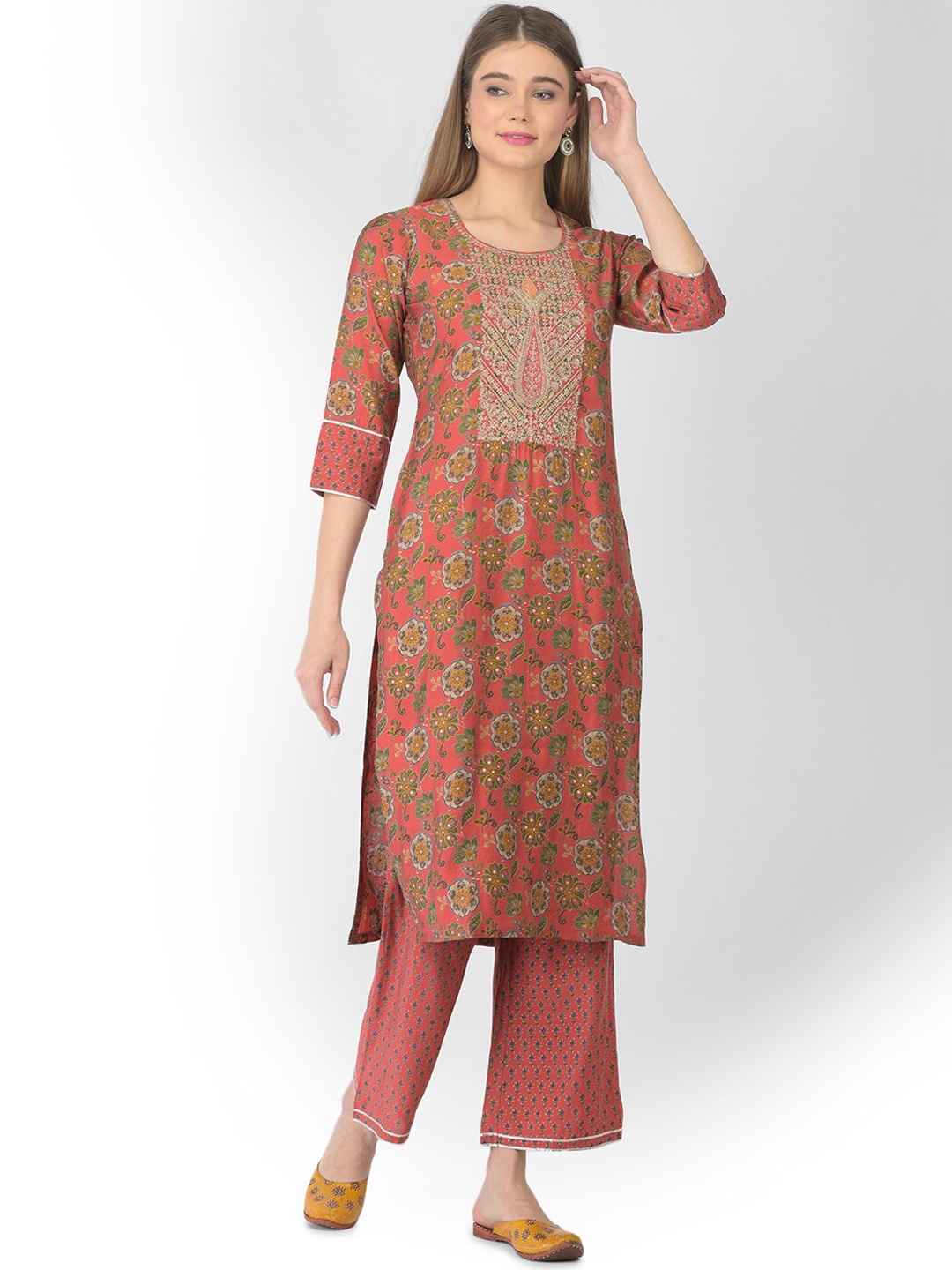 

V TRADITION Women Coral Ethnic Motifs Printed Gotta Patti Kurta with Palazzos