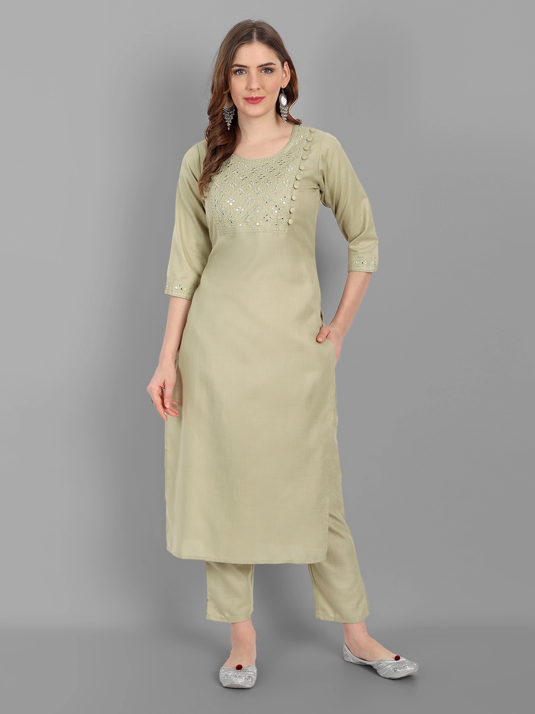 

V TRADITION Women Green Mirror Work Kurti with Trousers