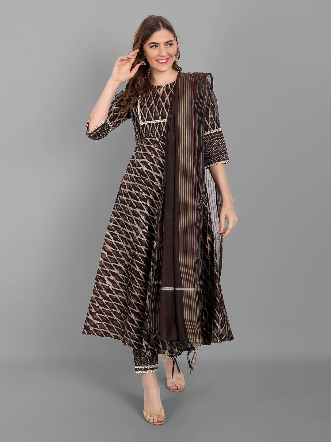 

V TRADITION Women Brown Ethnic Motifs Gotta Patti Kurti with Churidar & With Dupatta