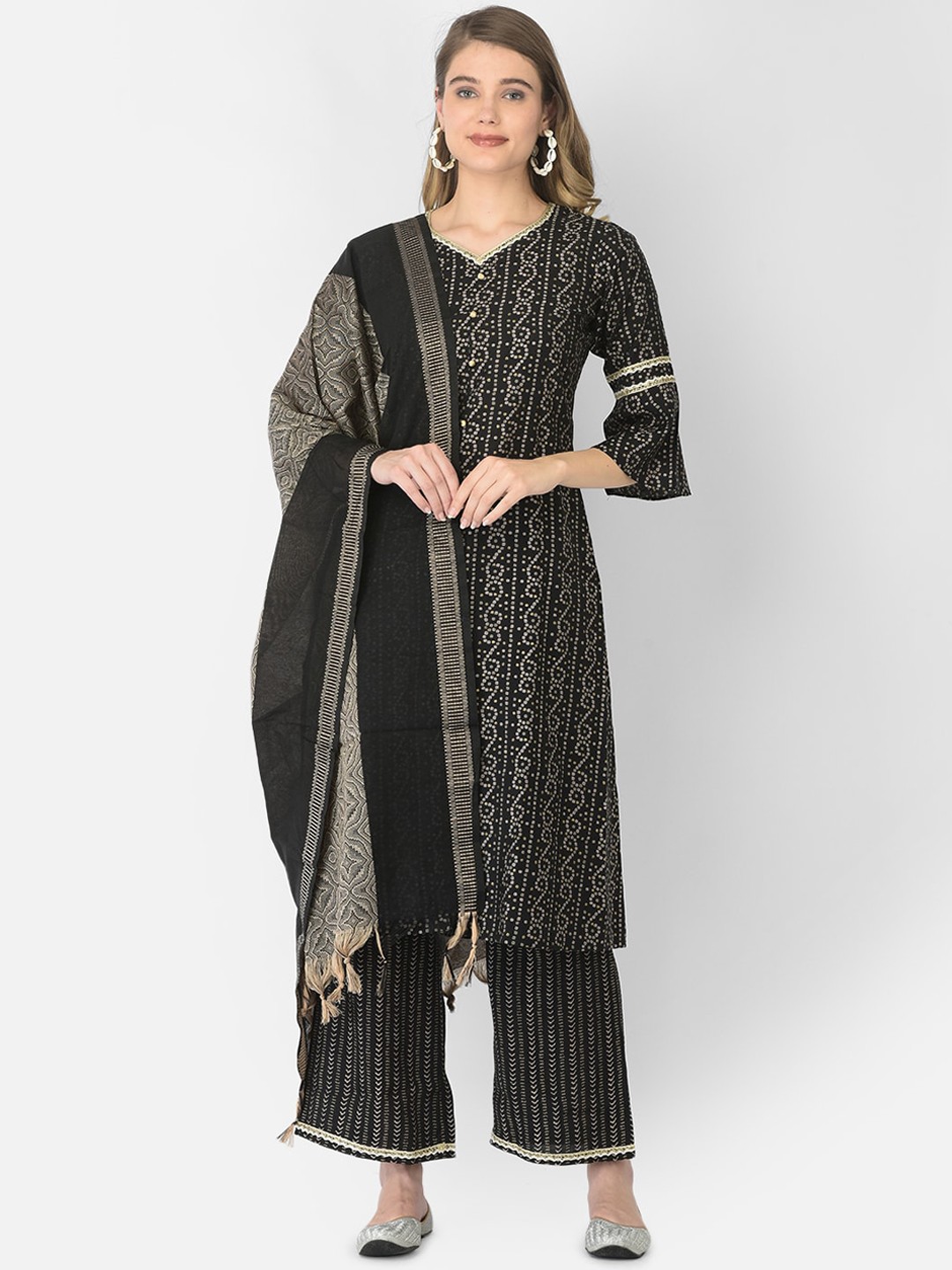 

V TRADITION Women Black Ethnic Motifs Printed Panelled Gotta Patti Kurti with Palazzos & With Dupatta