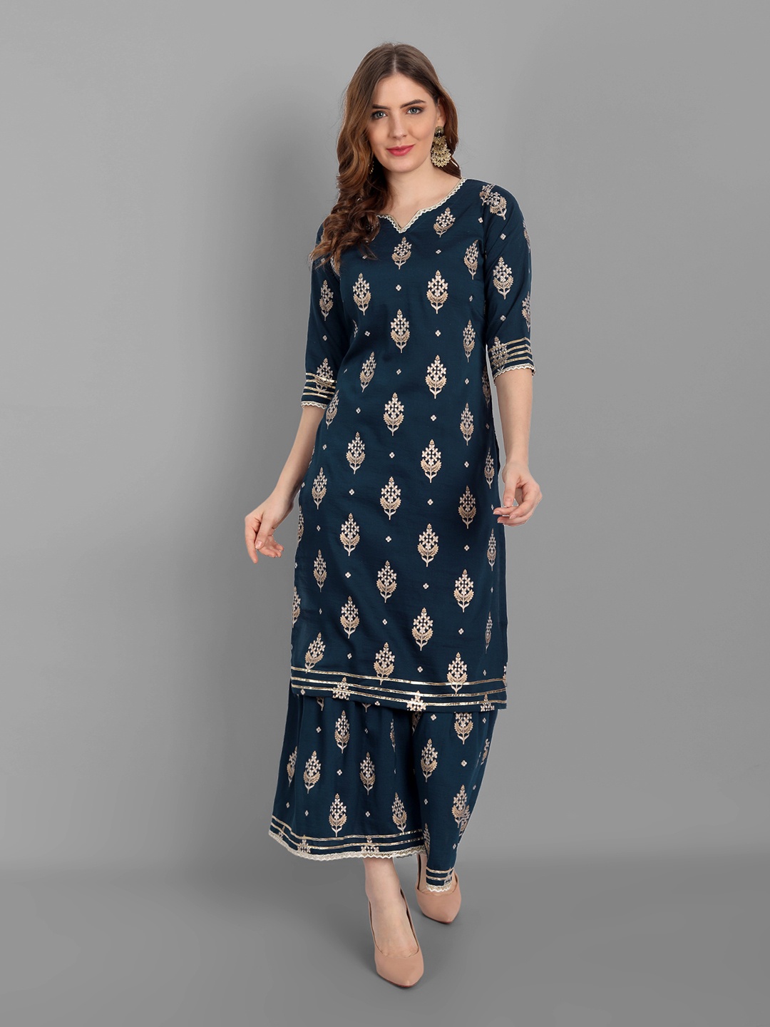 

V TRADITION Women Blue Floral Printed Gotta Patti Kurti with Palazzos