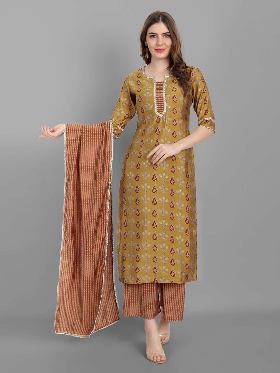 

V TRADITION Women Yellow Ethnic Motifs Printed Gotta Patti Kurta with Palazzos