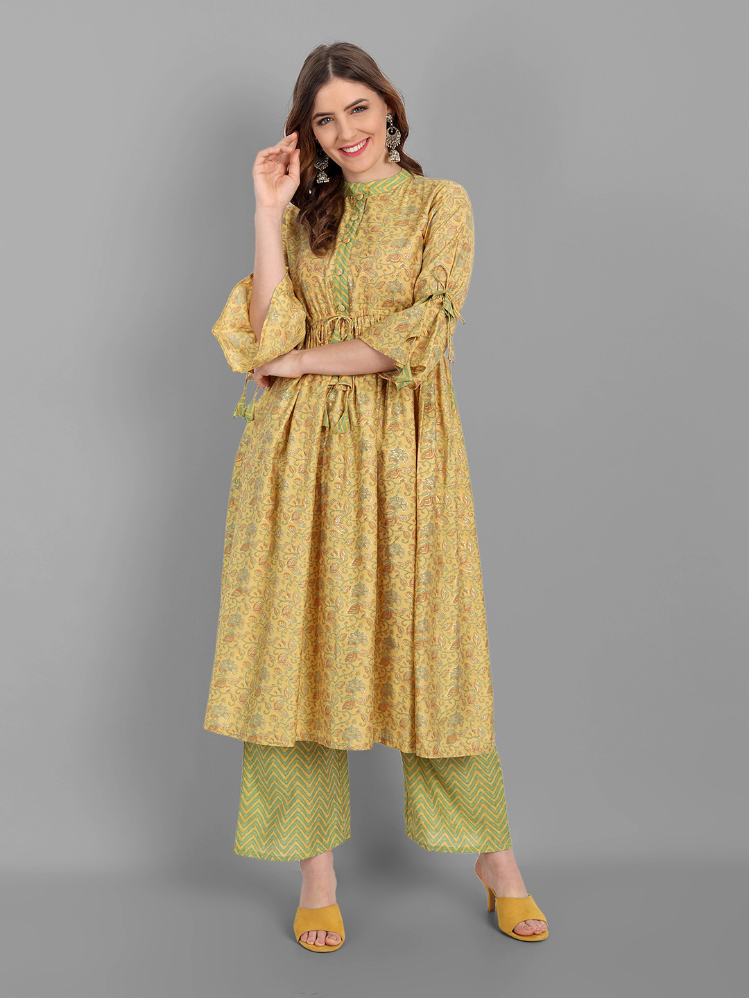 

V TRADITION Women Yellow Ethnic Motifs Printed Panelled Kurta with Trousers