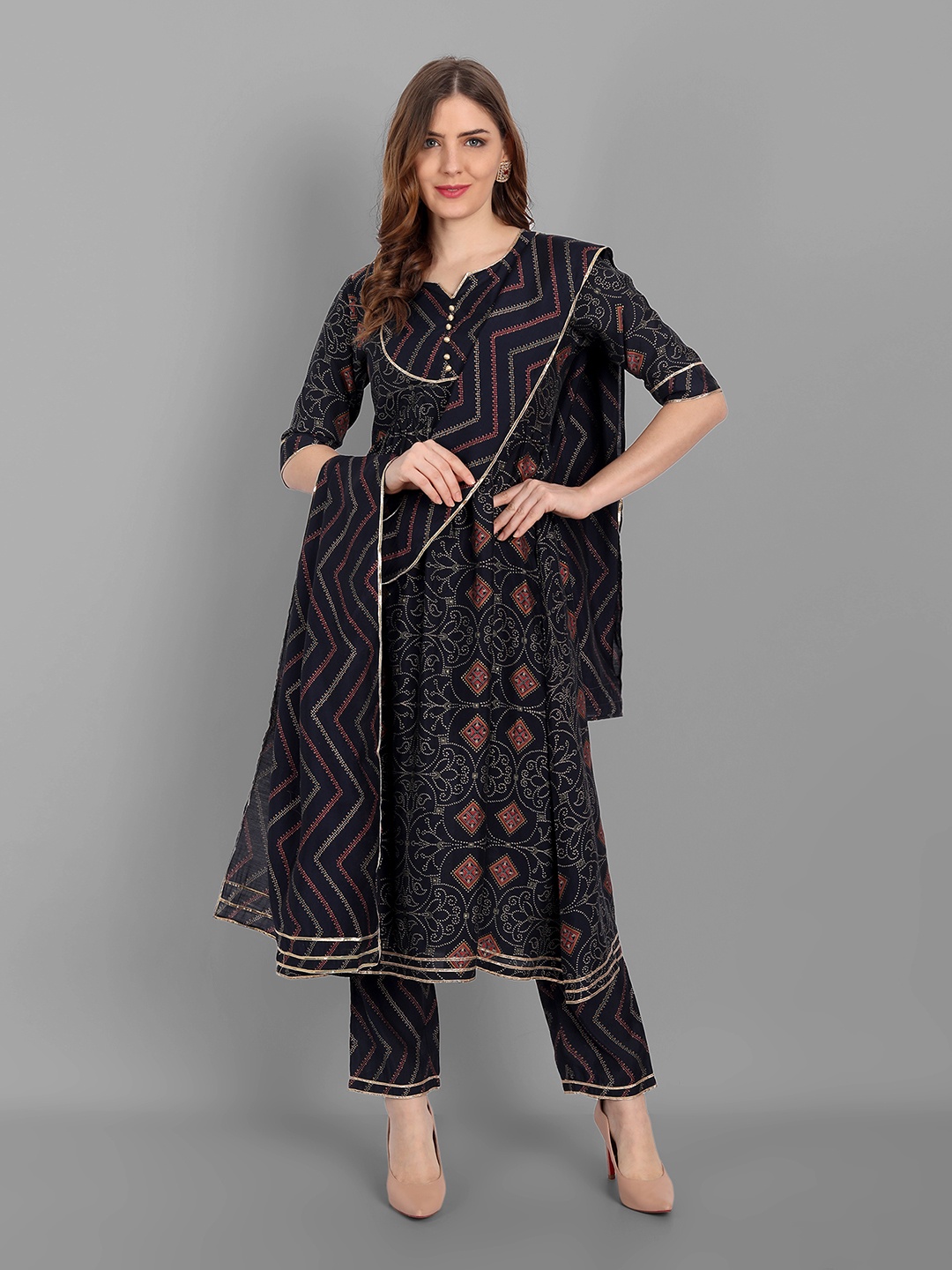 

V TRADITION Women Blue Floral Printed Gotta Patti Kurta with Trousers & Dupatta