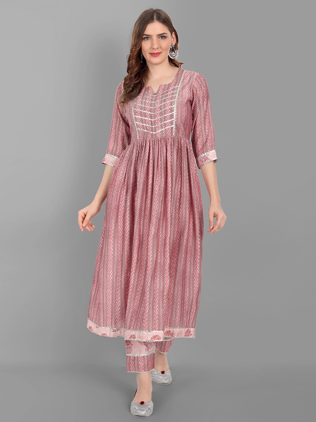 

V TRADITION Women Pink Striped Empire Kurti with Trousers