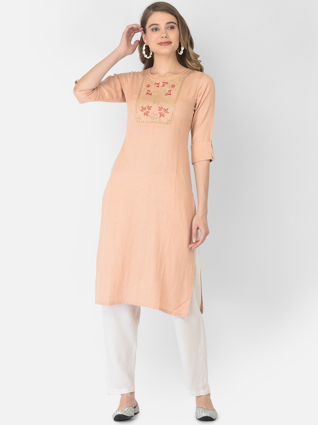

V TRADITION Women Peach-Coloured Striped Thread Work Kurta
