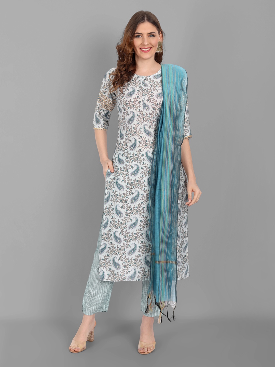 

V TRADITION Women White Gotta Patti Kurti with Trousers & With Dupatta