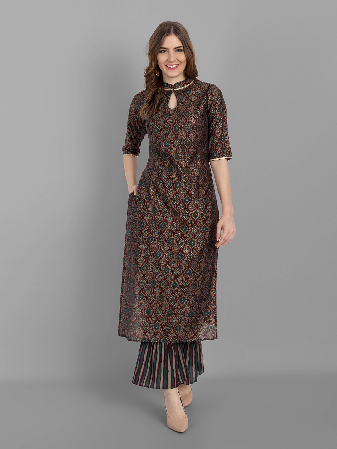 

V TRADITION Women Magenta Ethnic Motifs Gotta Patti Kurti with Patiala