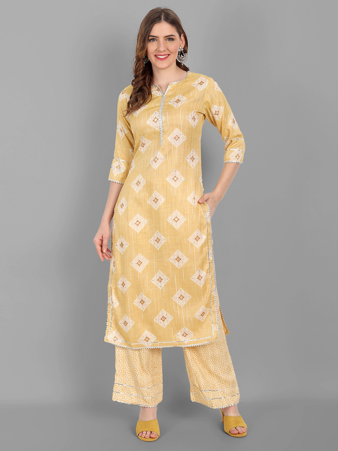 

V TRADITION Women Yellow Ethnic Motifs Printed Gotta Patti Kurta with Palazzos
