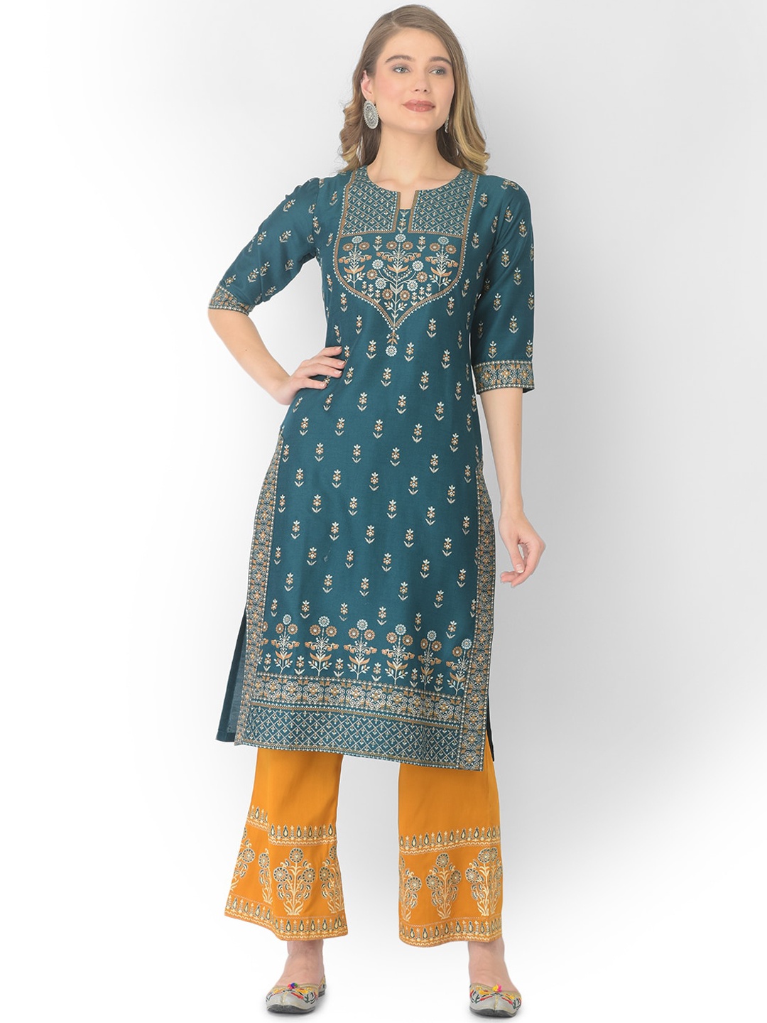 

V TRADITION Women Green Ethnic Motifs Printed Kurta with Palazzos