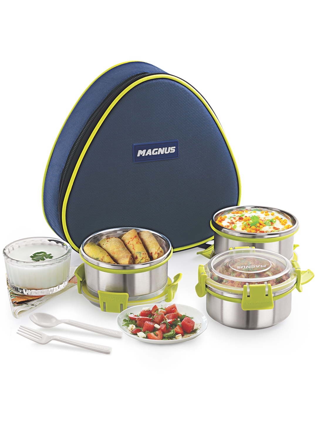 

MAGNUS Set Of 3 Navy Blue & Silver Airtight Leakproof Stainless Steel Lunch Boxes With Bag