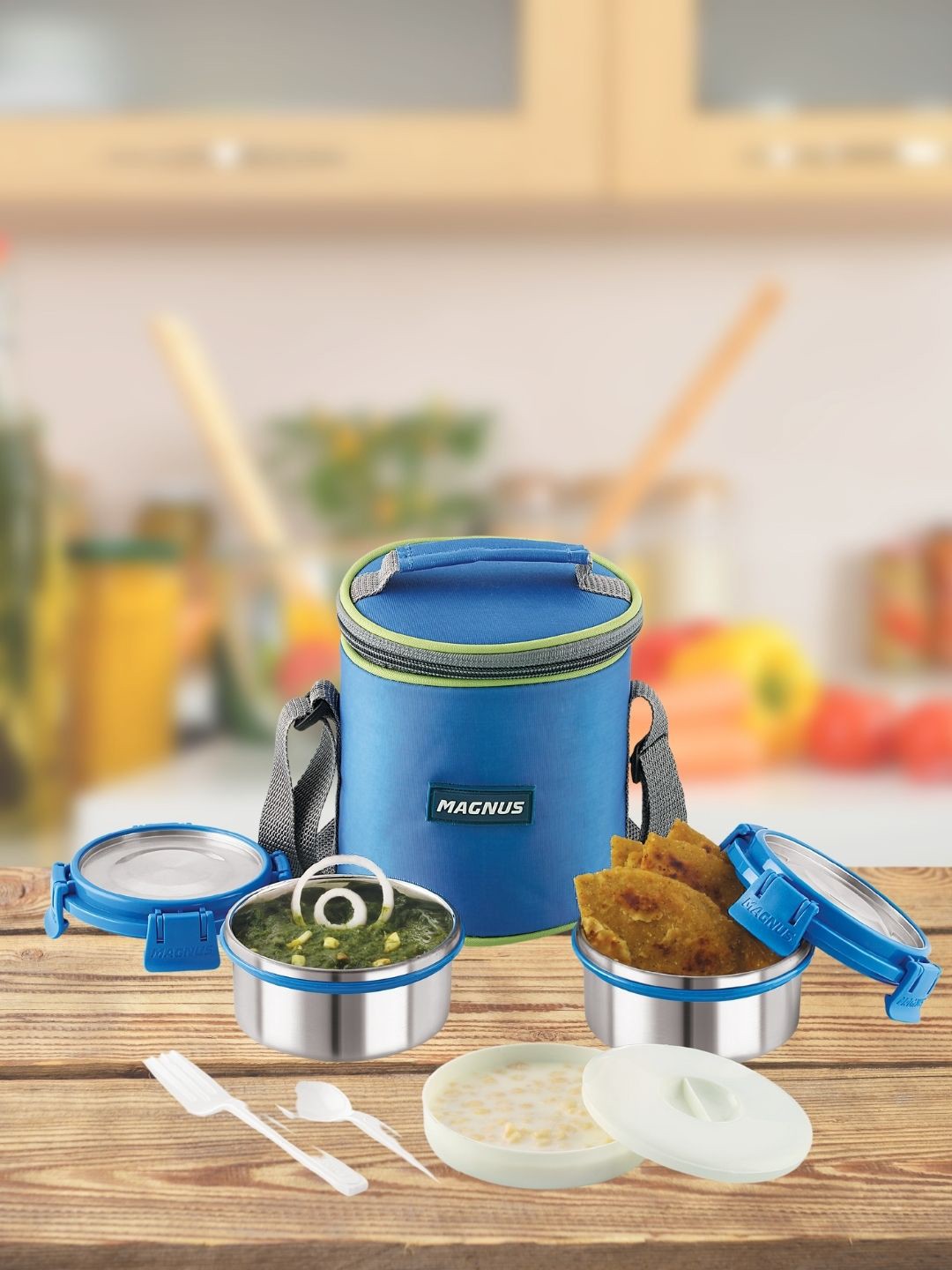 

MAGNUS 3 Tier Airtight & Leakproof Stainless Steel Lunch Box Set, Blue