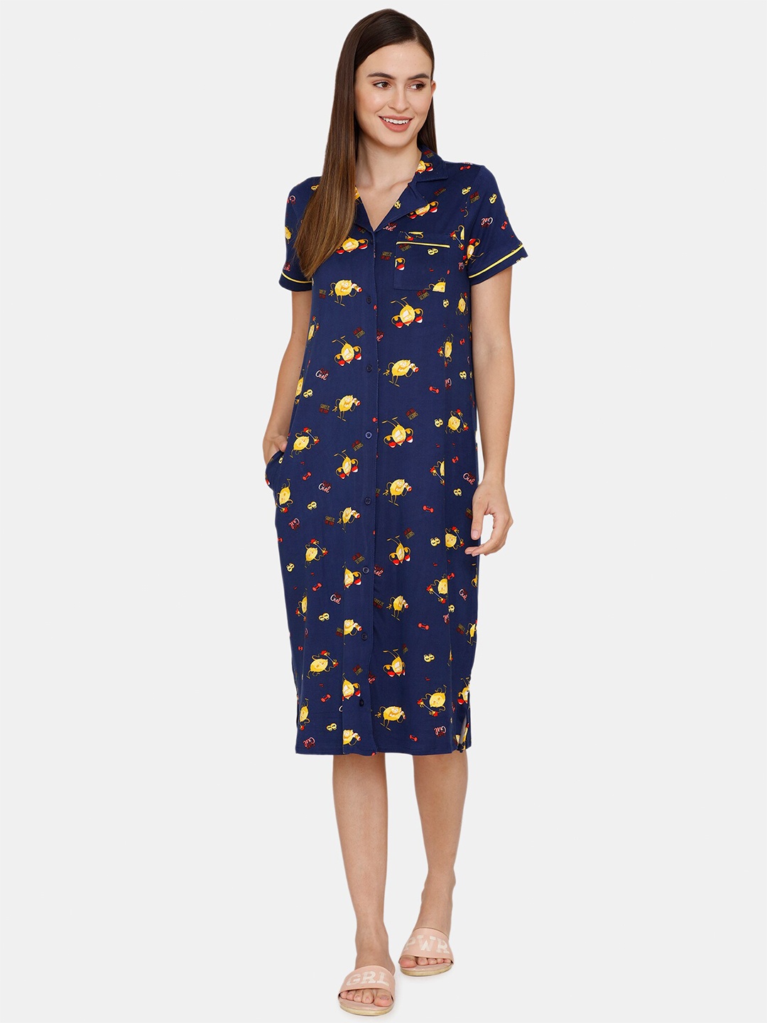 

Zivame Blue & Yellow Printed Shirt Nightdress