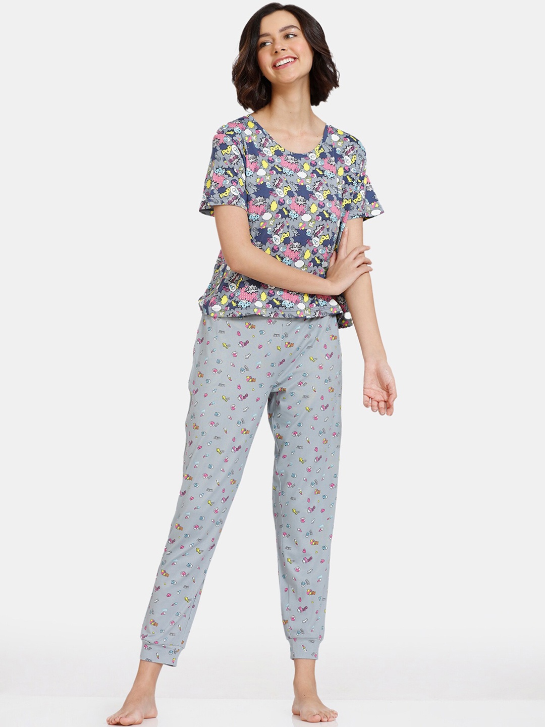 

Zivame Women Grey & Yellow Printed Night suit