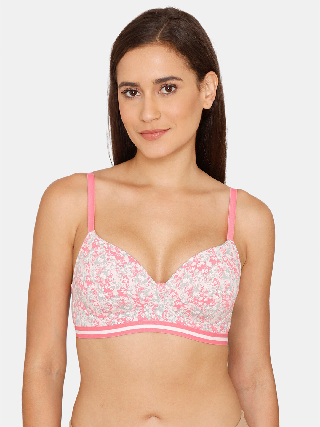 

Zivame Pink & Grey Floral Non Wired Half Coverage T-shirt Bra