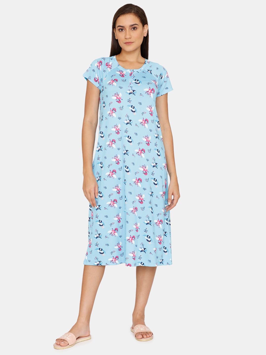 

Zivame Women Blue & Pink Printed Nightdress