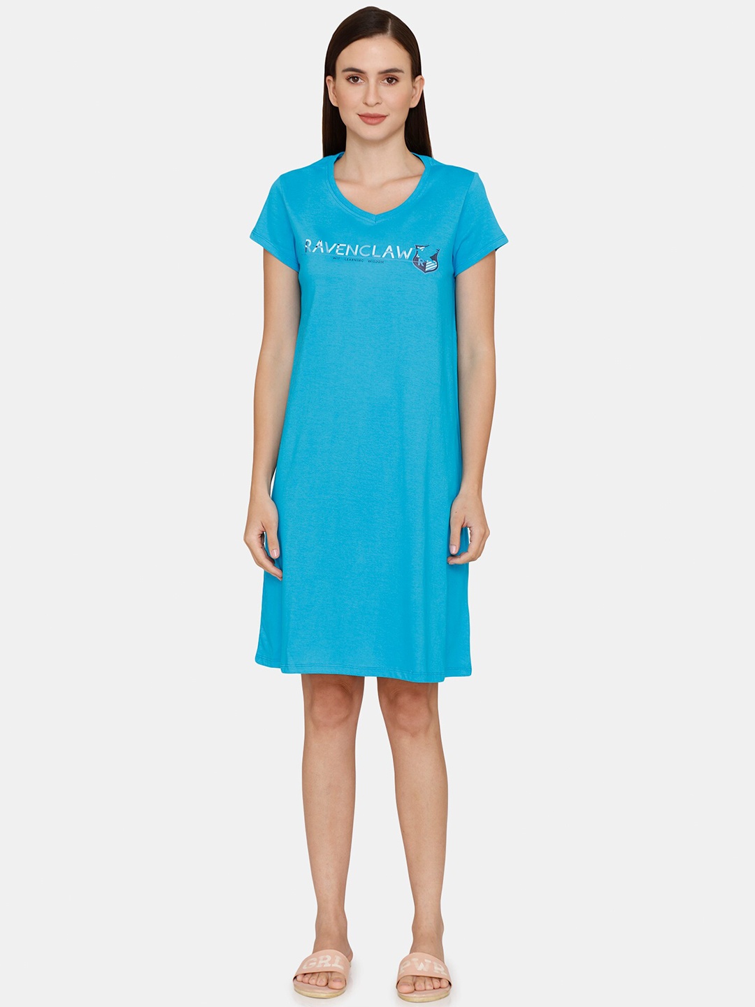 

Zivame Women Turquoise Blue typography Printed Cotton Nightdress