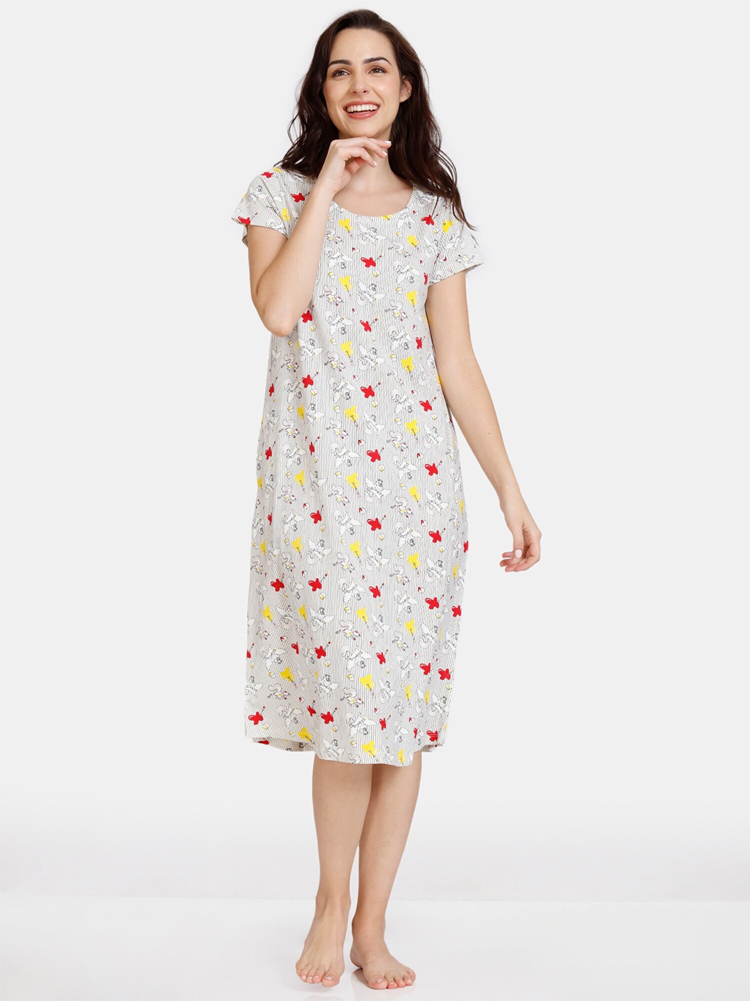 

Zivame Pink & White Printed Cotton Nightdress