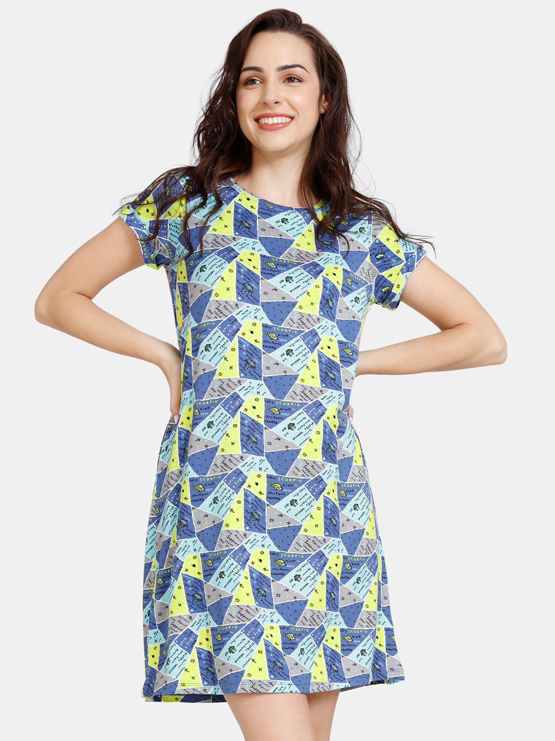 

Zivame Women Blue & Yellow Geometric Printed Nightdress