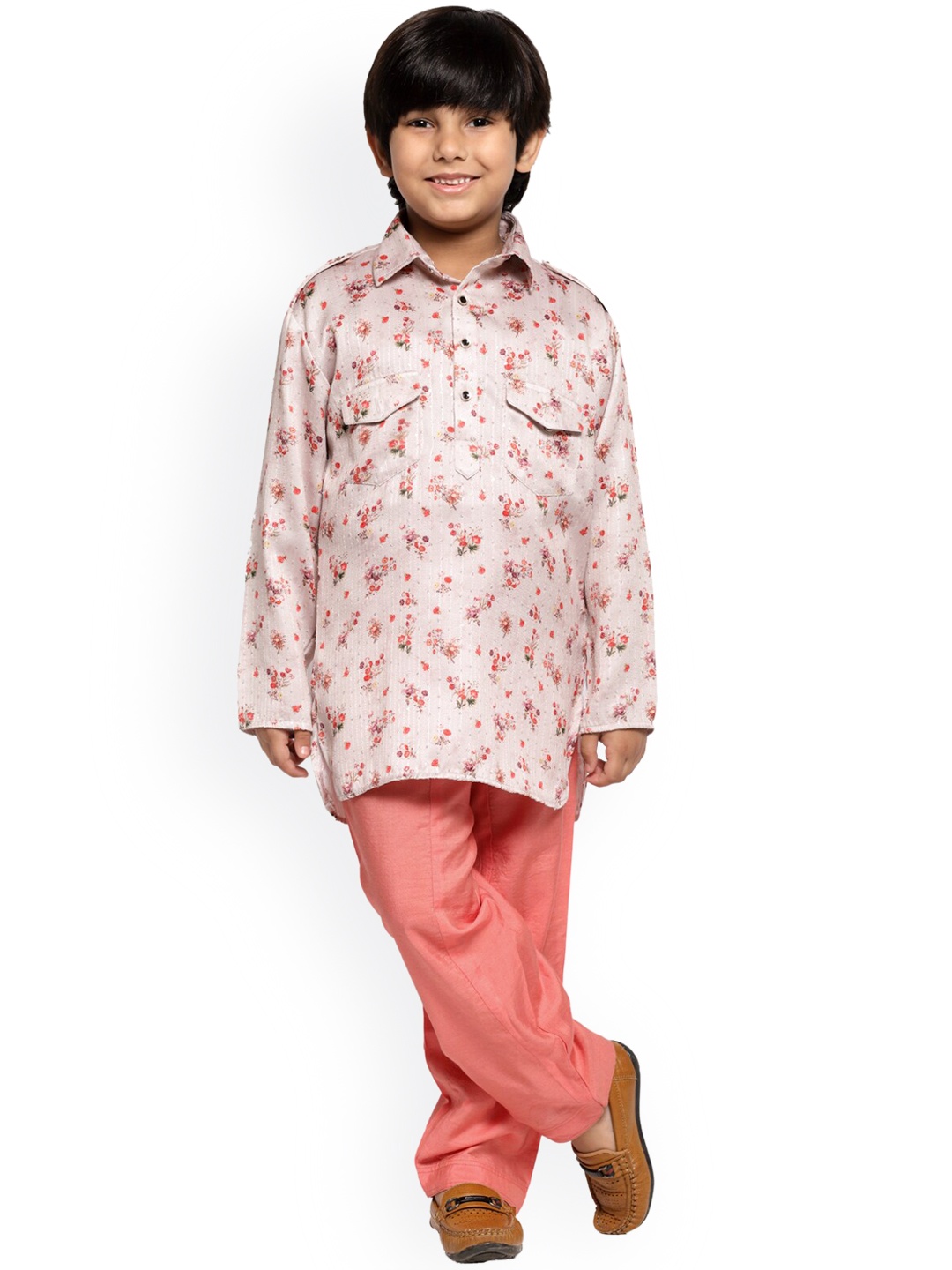 

MAXENCE Boys Pink Floral Printed Pure Cotton Kurta with Pyjamas