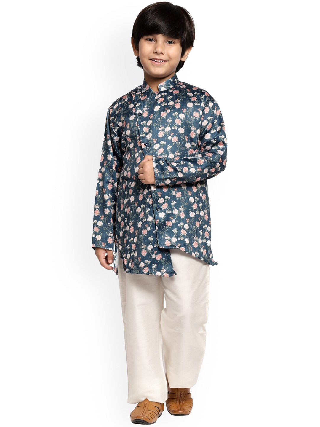 

MAXENCE Boys Blue Floral Printed Pure Cotton Kurti with Pyjamas