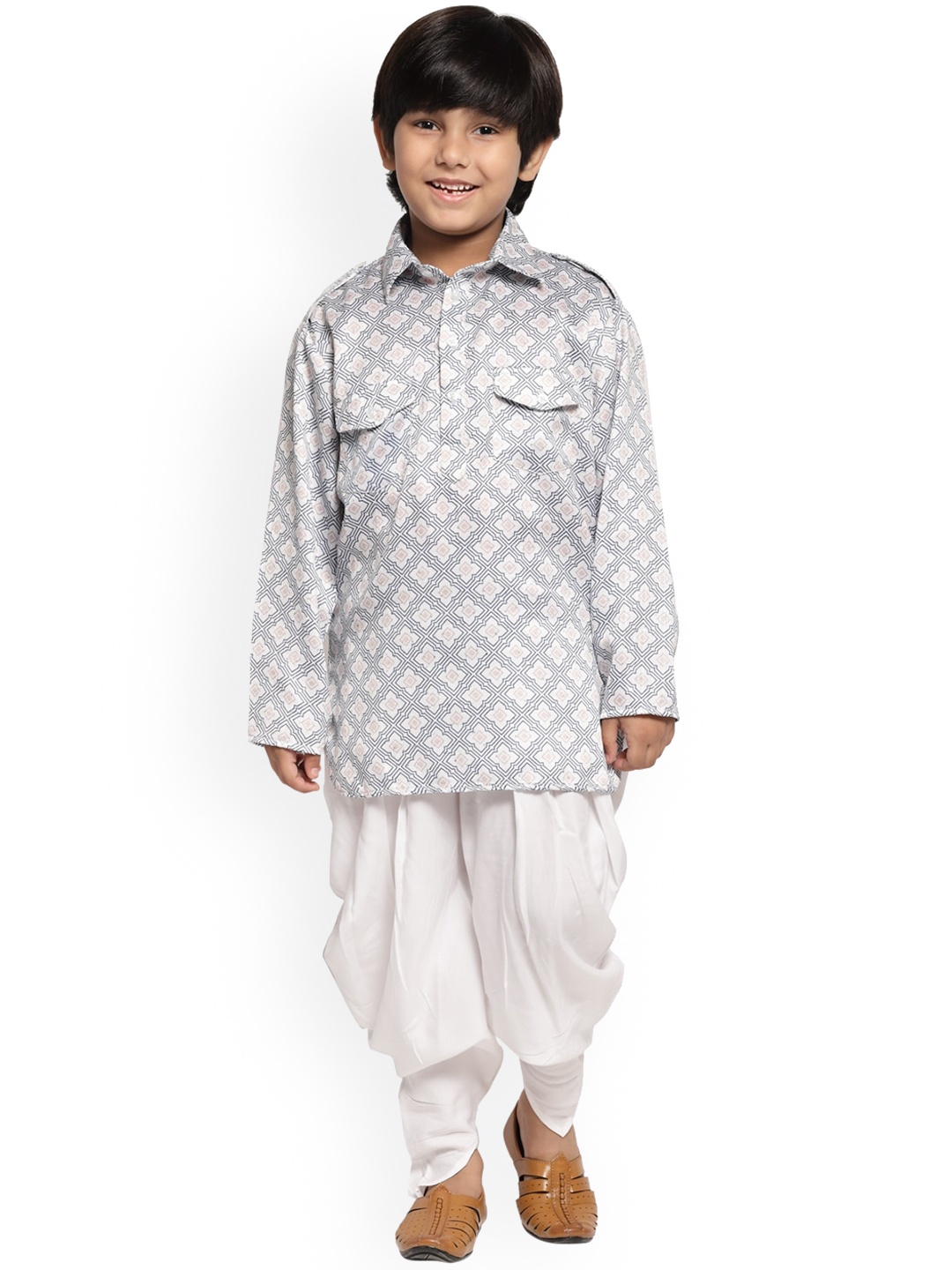 

MAXENCE Boys White & Grey Printed Pure Cotton Kurta with Dhoti Pants