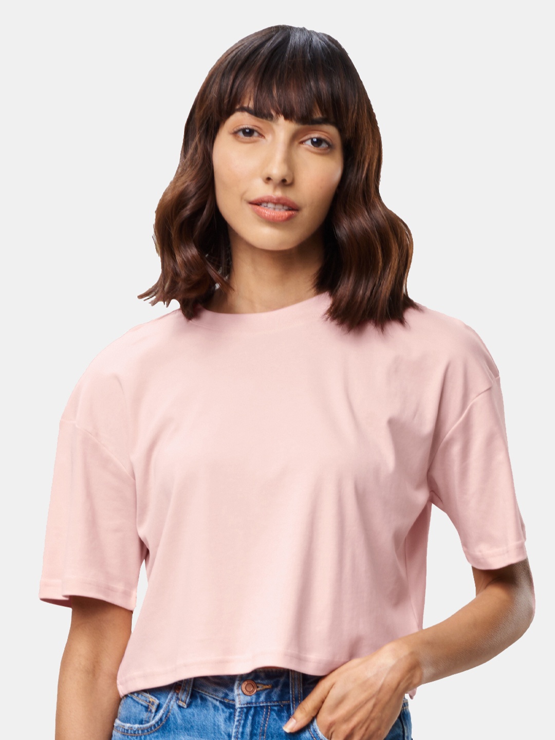 

The Souled Store Supima Cotton Oversized Cropped T-shirt, Pink