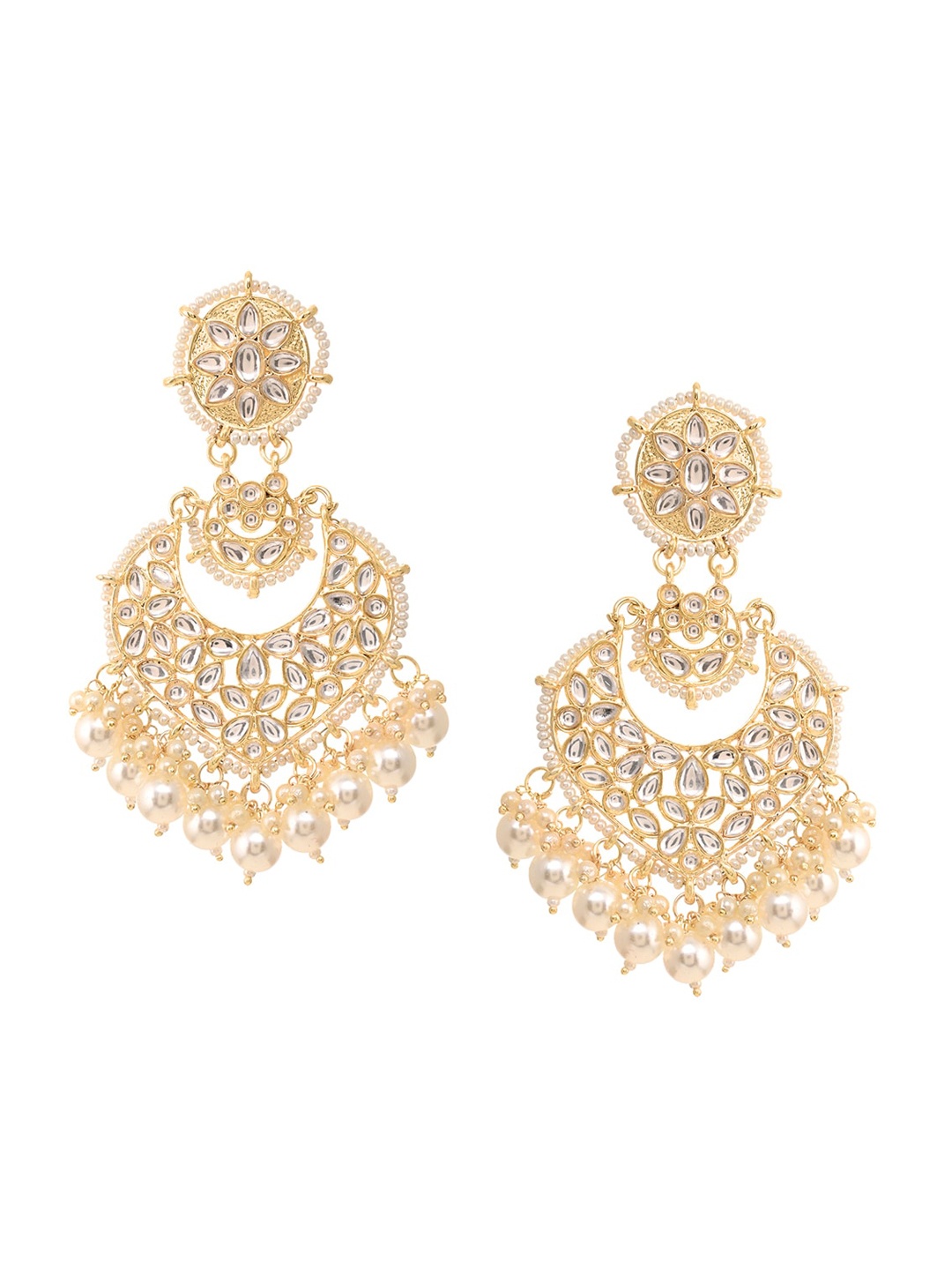 

INDYA White Gold Ethnic Floral Motif Kundan Contemporary Chandbalis Drop Down Earrings