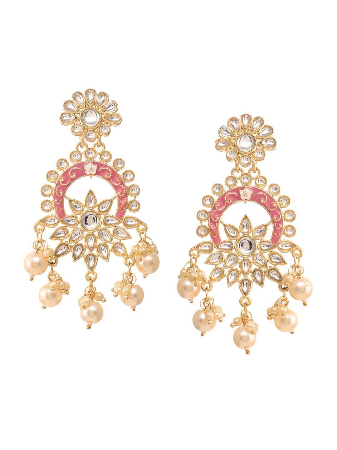 

INDYA Pink Gold Plated Enamel Dangler Contemporary Chanbalis Drop Earrings