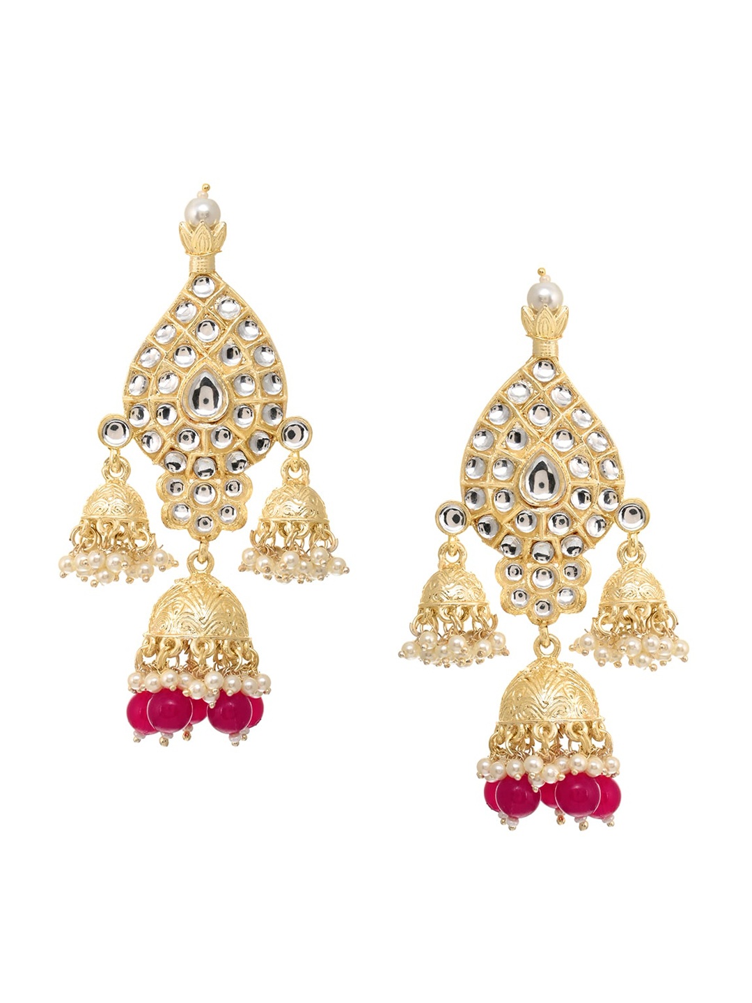 

INDYA Gold Red & White Pearl Contemporary Jhumkas Earrings