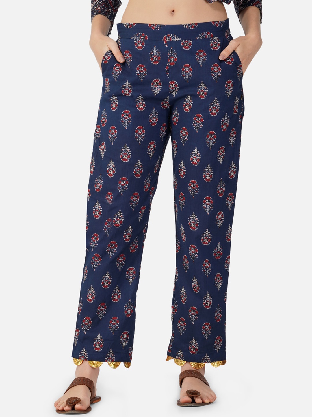 

FABNEST Women Navy Blue Cotton Floral Printed Relaxed Ajrakh Trousers