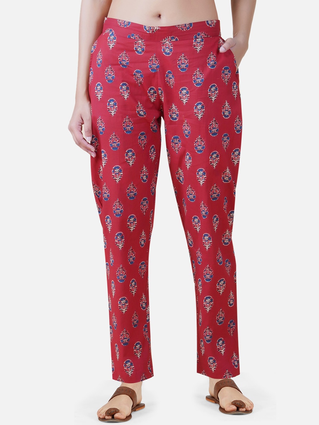 

FABNEST Women Red Ethnic Motifs Printed Regular Trousers