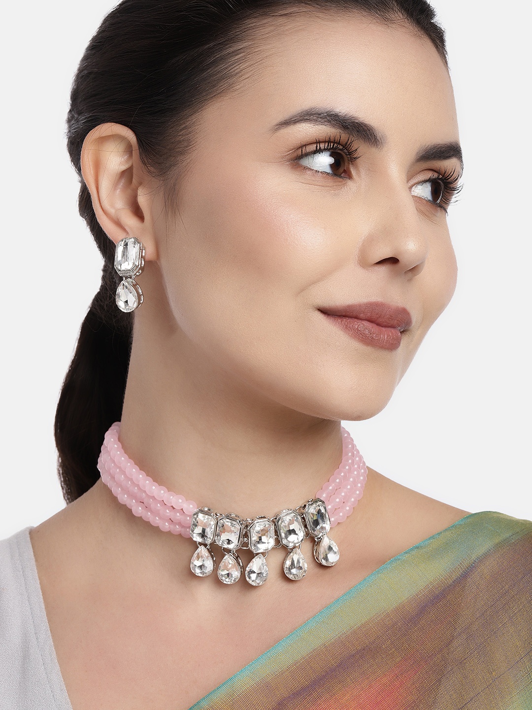 

I Jewels Women Rhodium-Plated Pink Handcrafted Stone-Studded Choker Jewellery Set