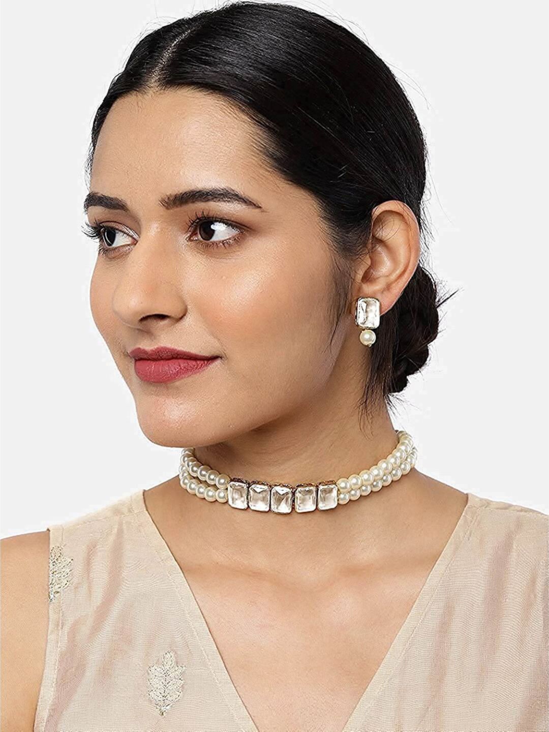 

I Jewels Women Gold-Plated White Stone-Studded Jewellery Set