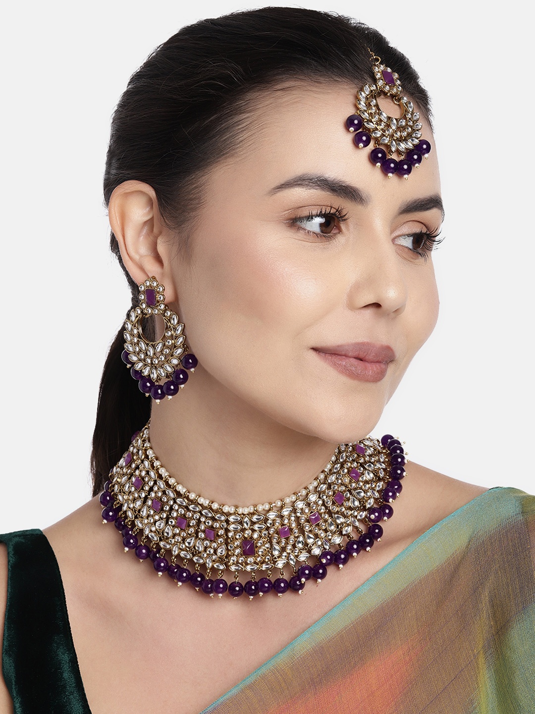 

I Jewels Women Gold-Plated Purple Kundan-Studded Jewellery Set
