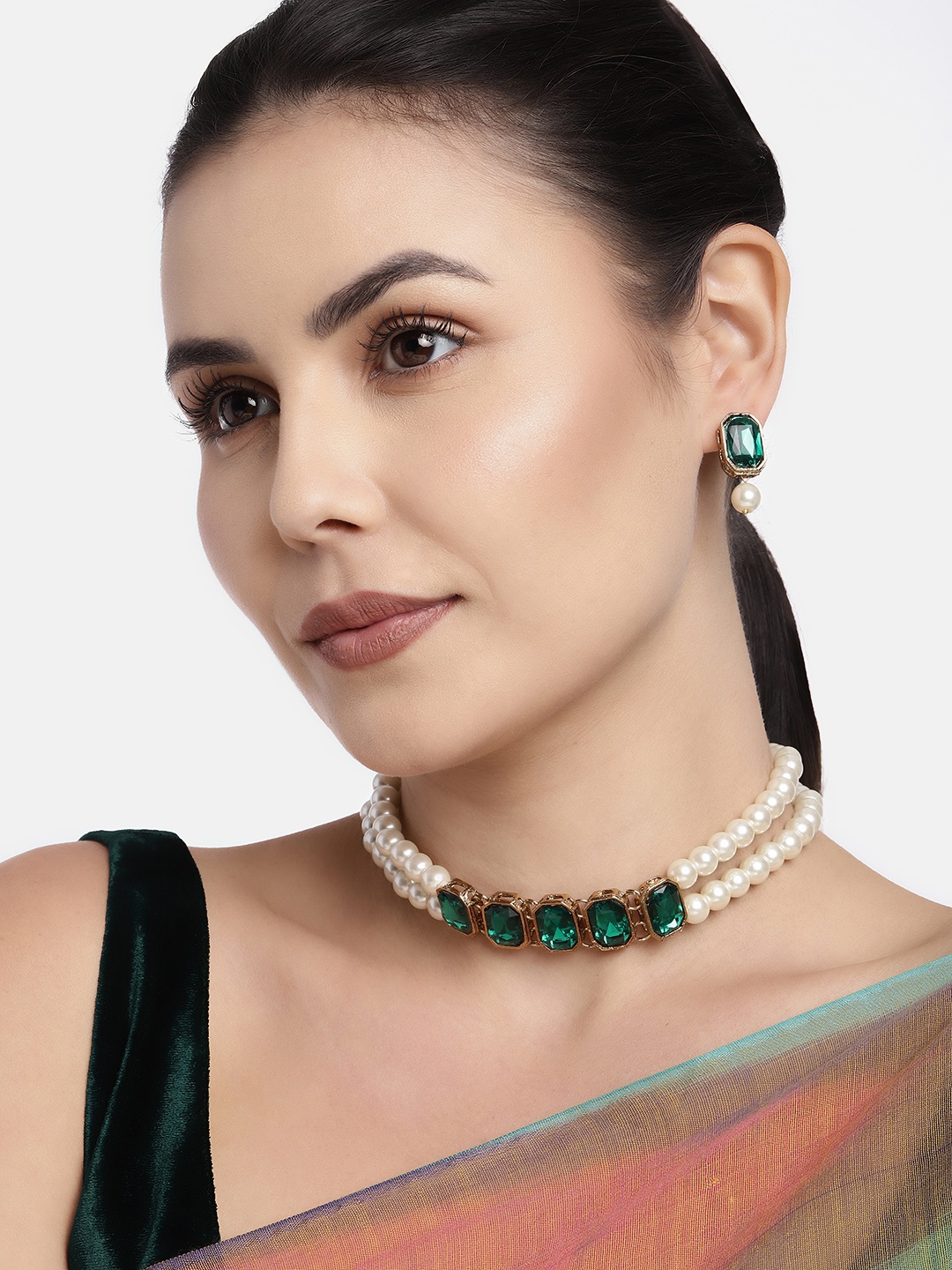 

I Jewels Women Gold-Plated Green Stone-Studded Jewellery Set