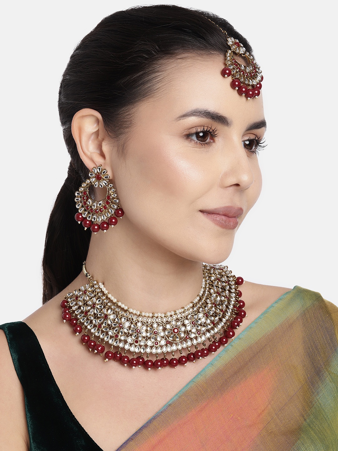 

I Jewels Women Gold-Plated Maroon Kundan-Studded Jewellery Set
