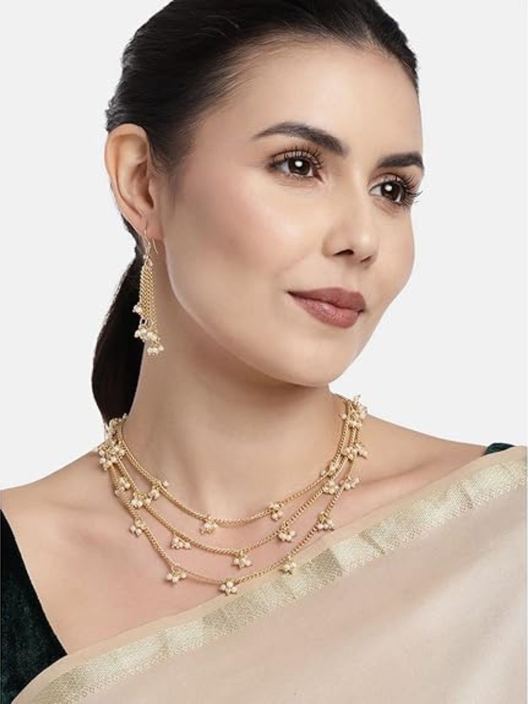 

I Jewels Women Gold-Plated White Beaded Jewellery Set