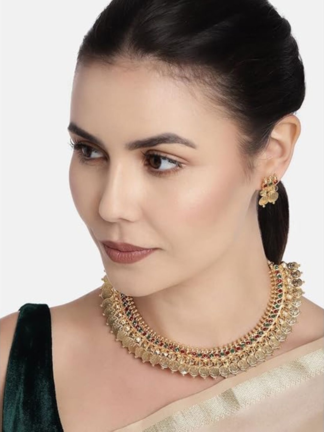 

I Jewels Gold-Toned & Red Gold-Plated South Indian Jewellery Set