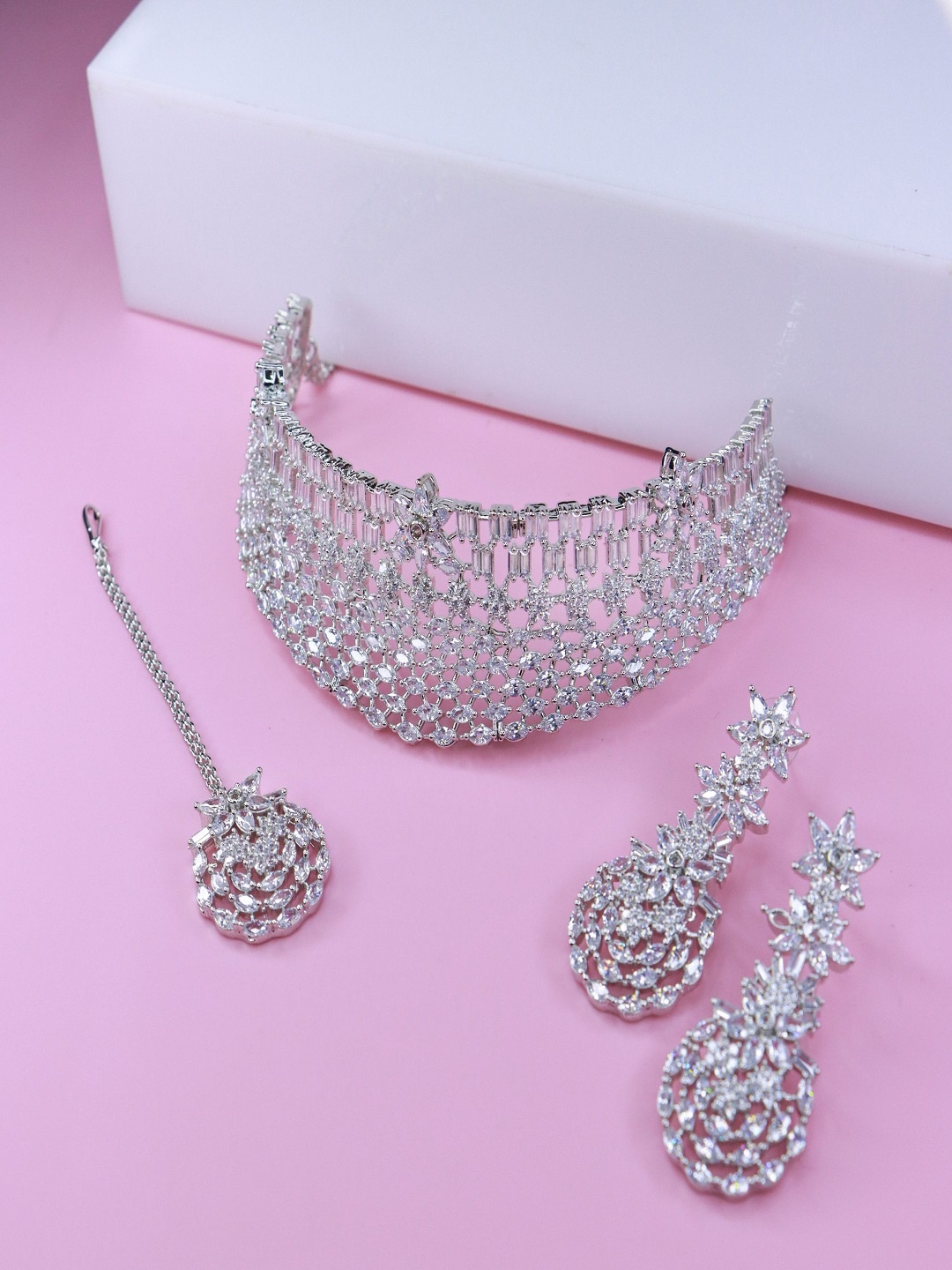 

I Jewels White Artificial Diamond Studded Silver Plated Jewellery Set