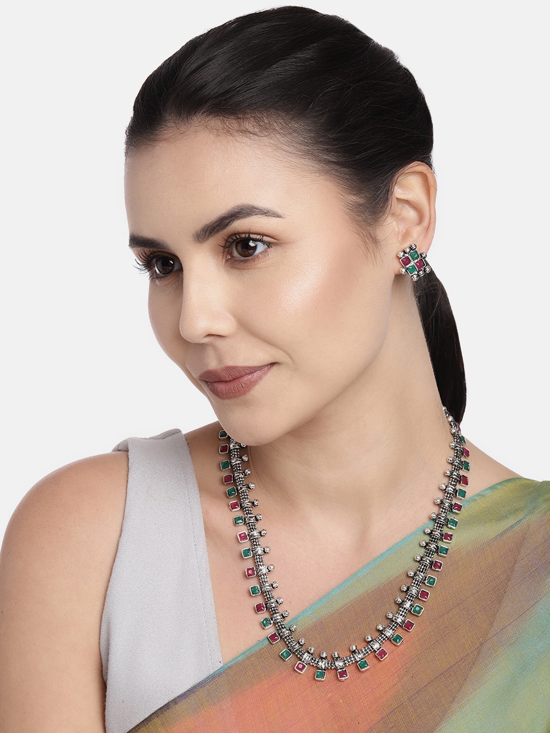 

I Jewels Silver Oxidized Pink & Green Rhodium-Plated Jewellery Set