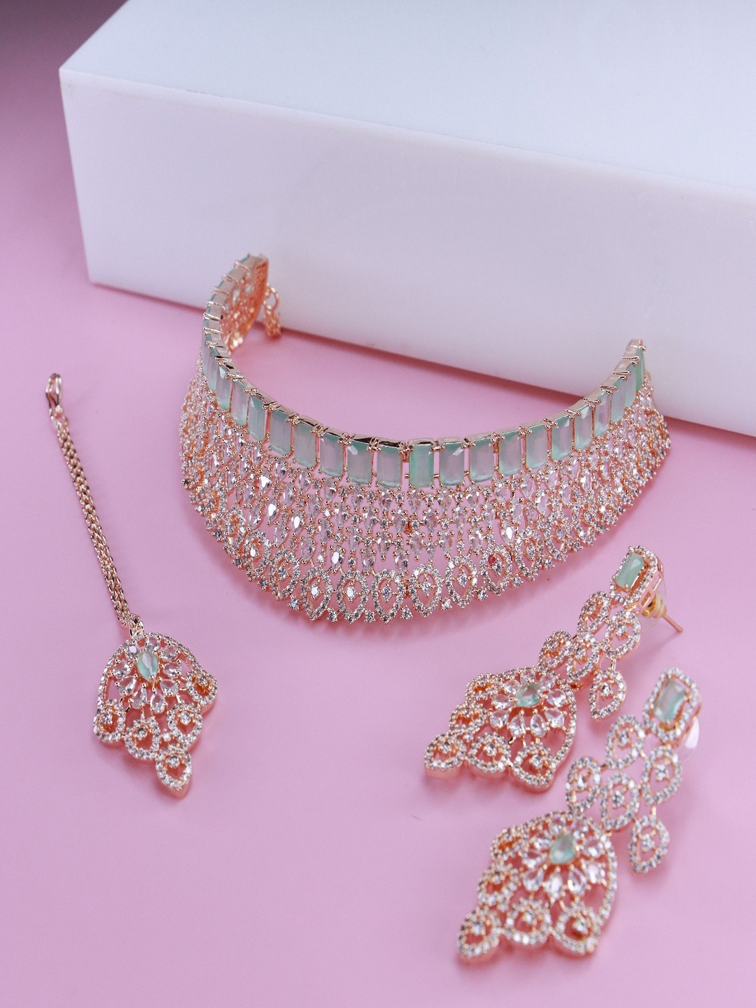 

I Jewels Sea Green Artificial Diamond Studded Rose Gold-Plated Jewellery Set