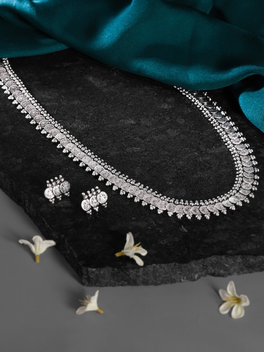 

I Jewels Silver-Toned South Indian Silver-Plated Jewellery Set