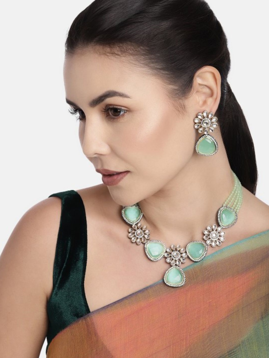 

I Jewels Sea Green Beaded Kundan-Studded Gold-Plated Jewellery Set