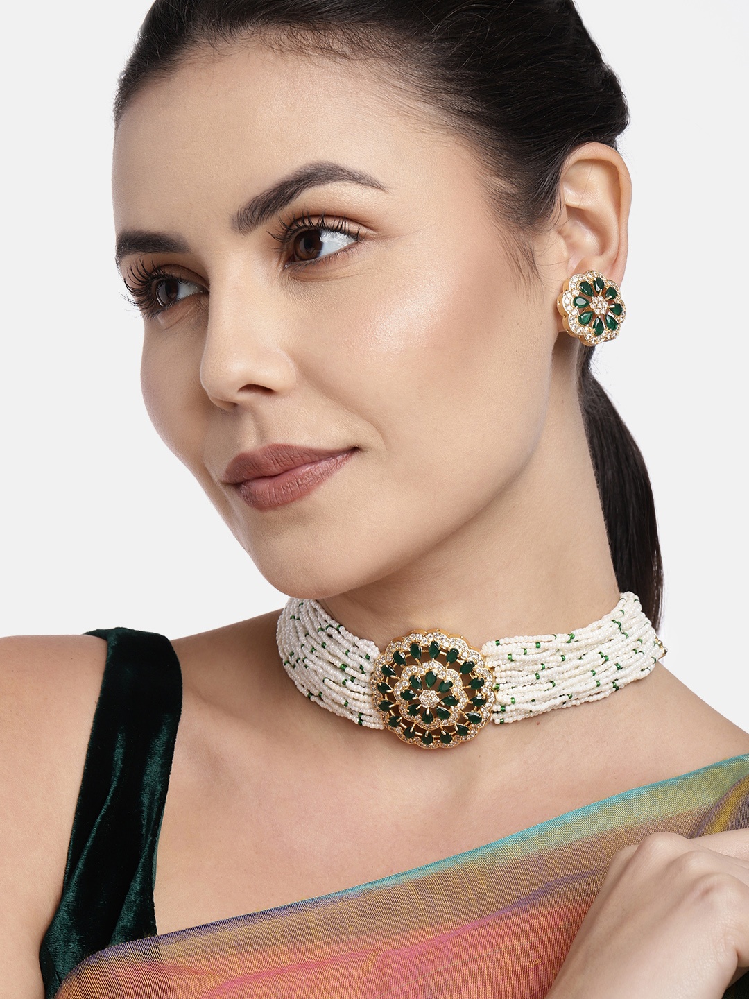 

I Jewels Green Beaded Kundan-Studded Gold-Plated Choker Jewellery Set