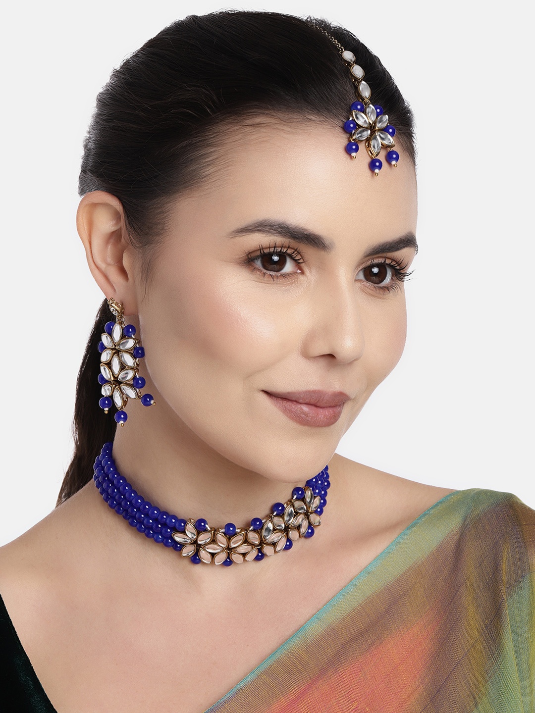 

I Jewels Blue Beaded Kundan-Studded Gold-Plated Choker Jewellery Set