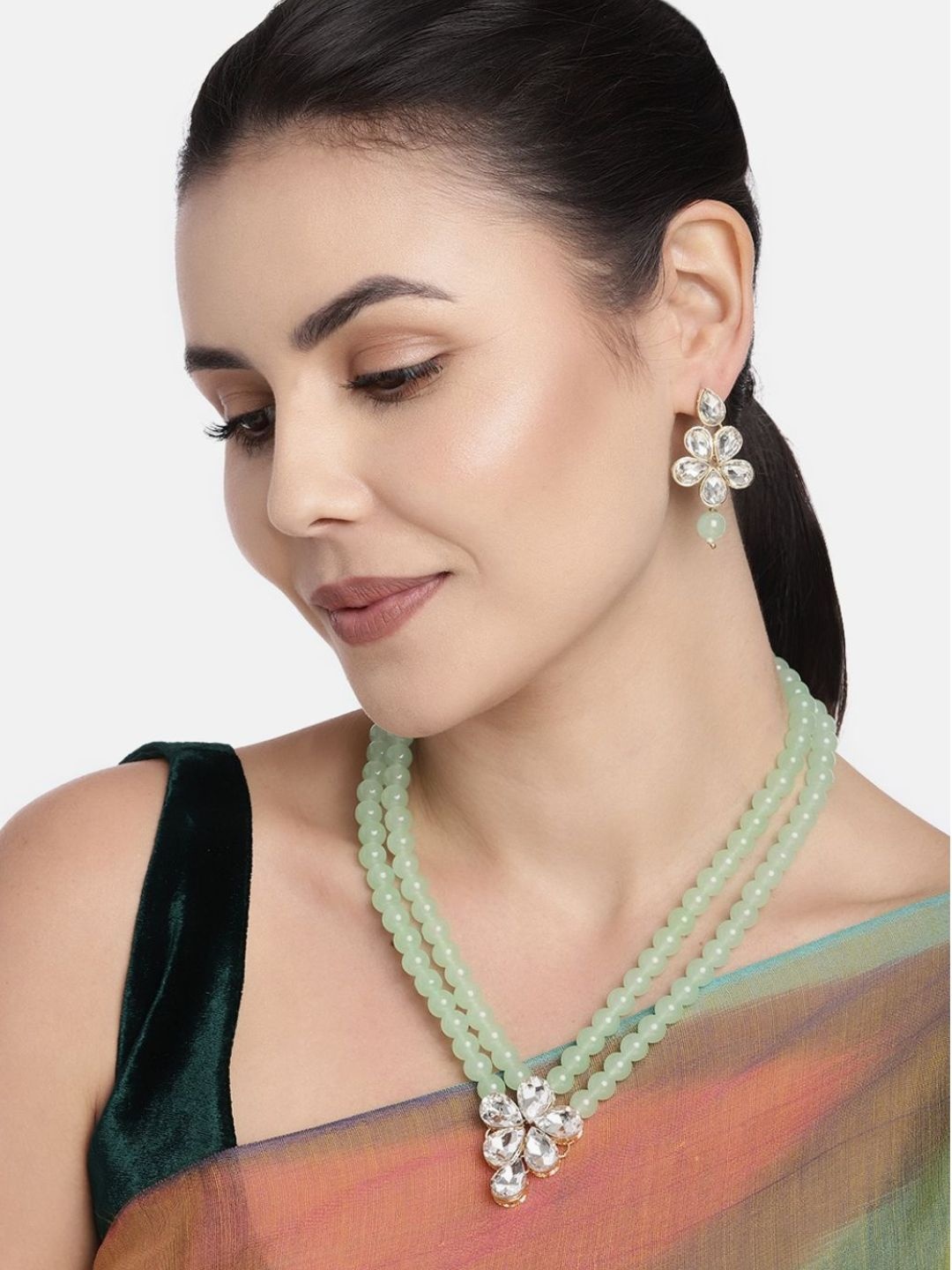 

I Jewels Sea Green Pearl & Stone-Studded Gold-Plated Jewellery Set